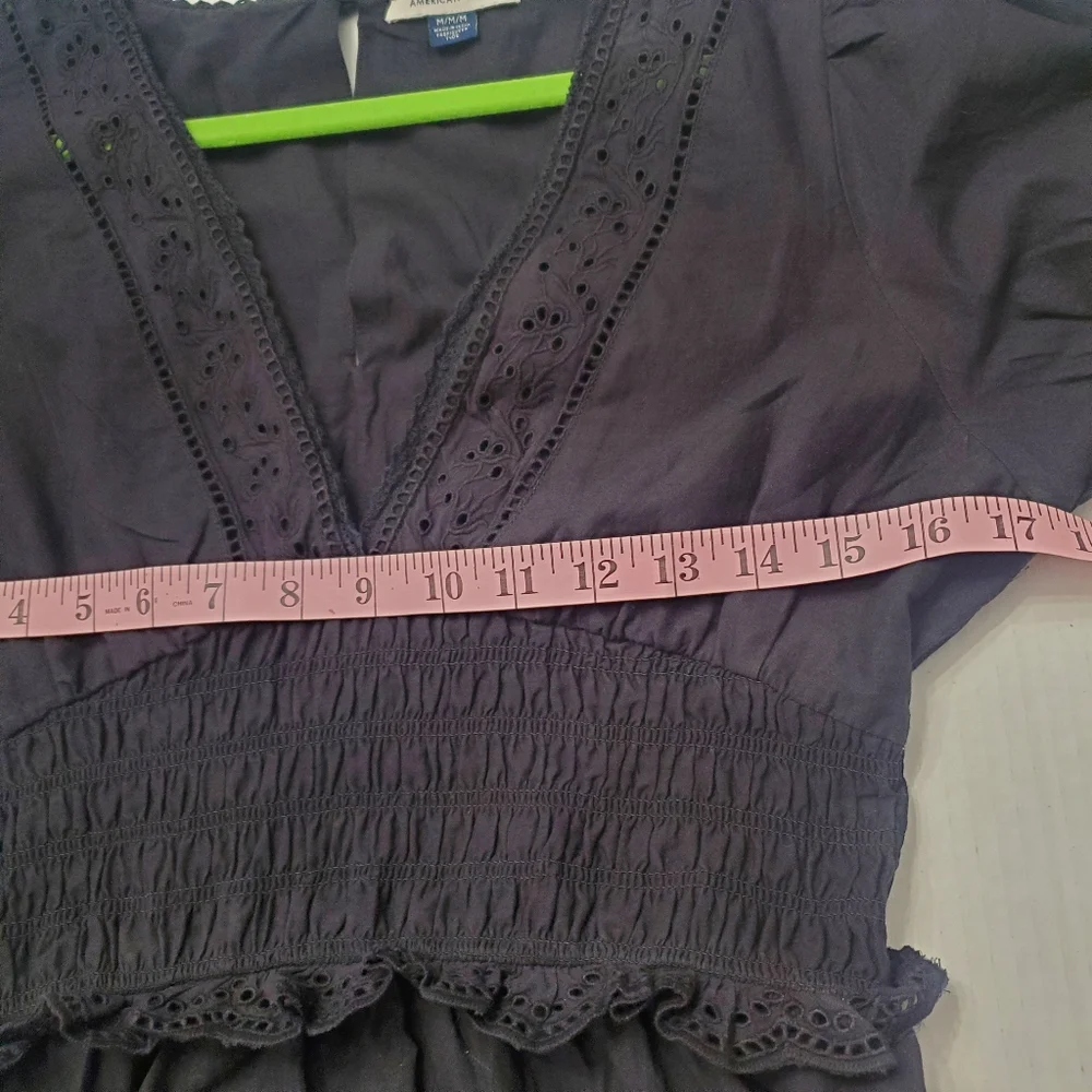 American Eagle Eyelet Tiered Smocked Lined Midi Dress Black Cottagecore NWOT M - Picture 14 of 16